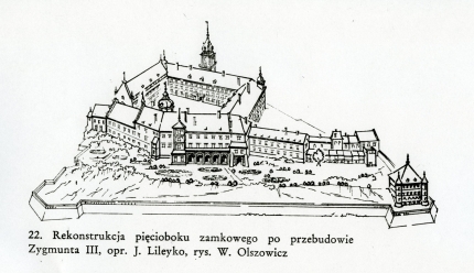 rys.1.    Rekonstrukcja pięcioboku zamkowego po przebudowie Zygmunta III, oprac. J. Lileyko, rys. W. Olszowicz.